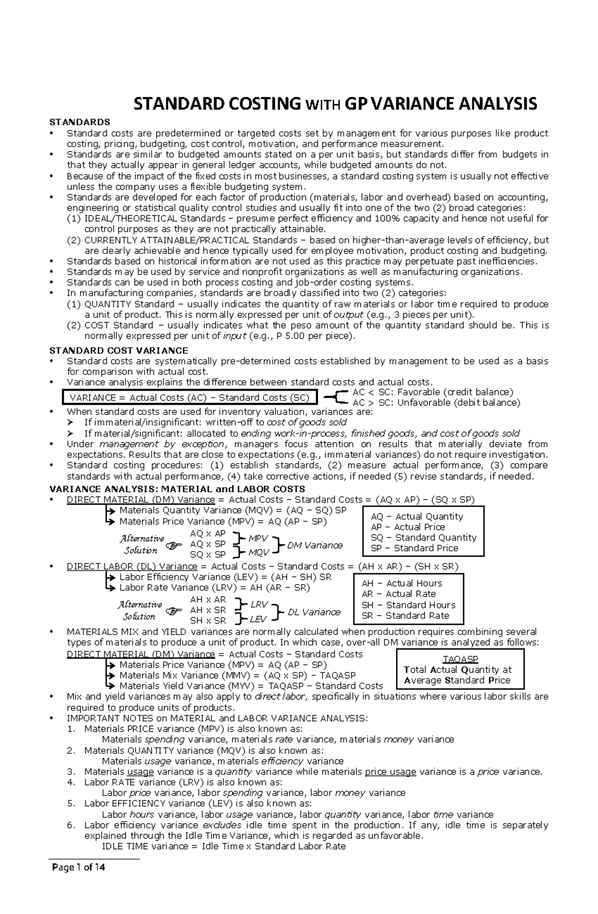 MAS-07 Standard Costing & GP Variance Analysis - Lesson Notes - Studocu