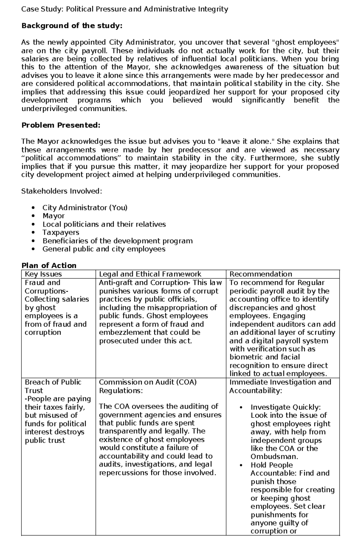 Case Study: Political Pressure & Integrity in City Administration - Studocu