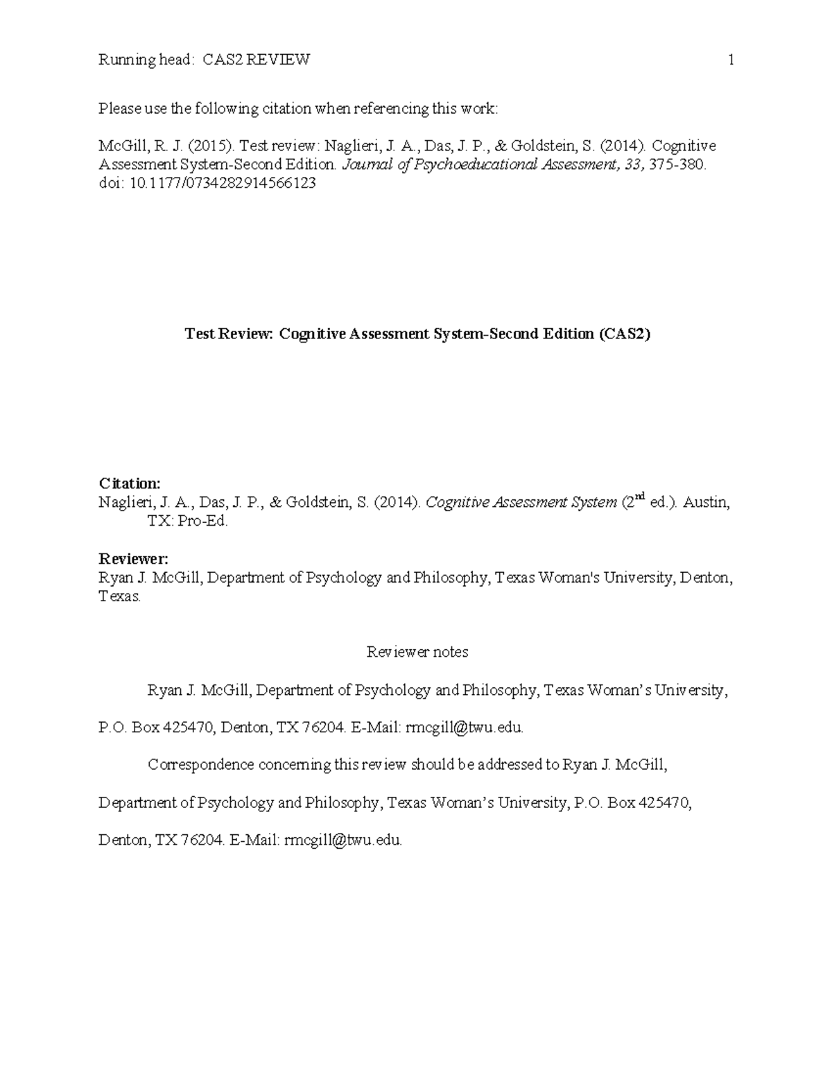 CAS2 Review: Cognitive Assessment System (2nd Ed.) Analysis - Studocu