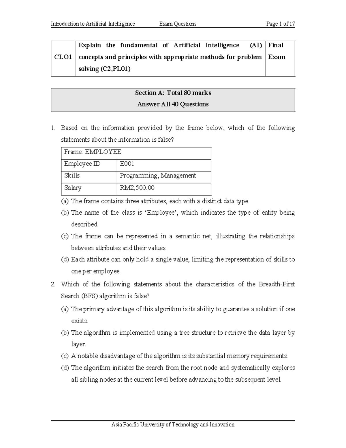 AI Final Exam Questions: Key Concepts and Principles - Studocu