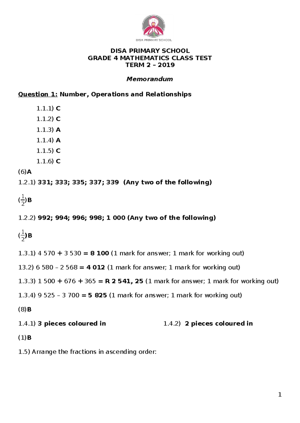 DISA PRIMARY SCHOOL GRADE 4 MATH TEST TERM 2 2019 MEMO - Studocu