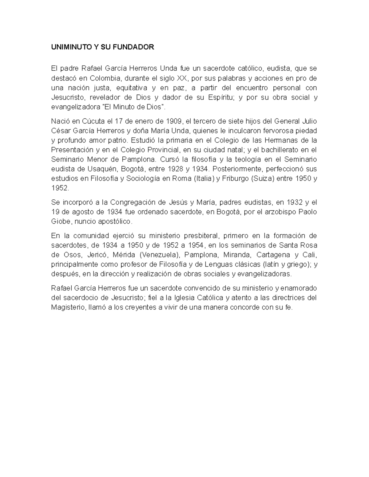 UNIMINUTO Y SU FUNDADOR: Legado del Padre Rafael García Herreros - Studocu