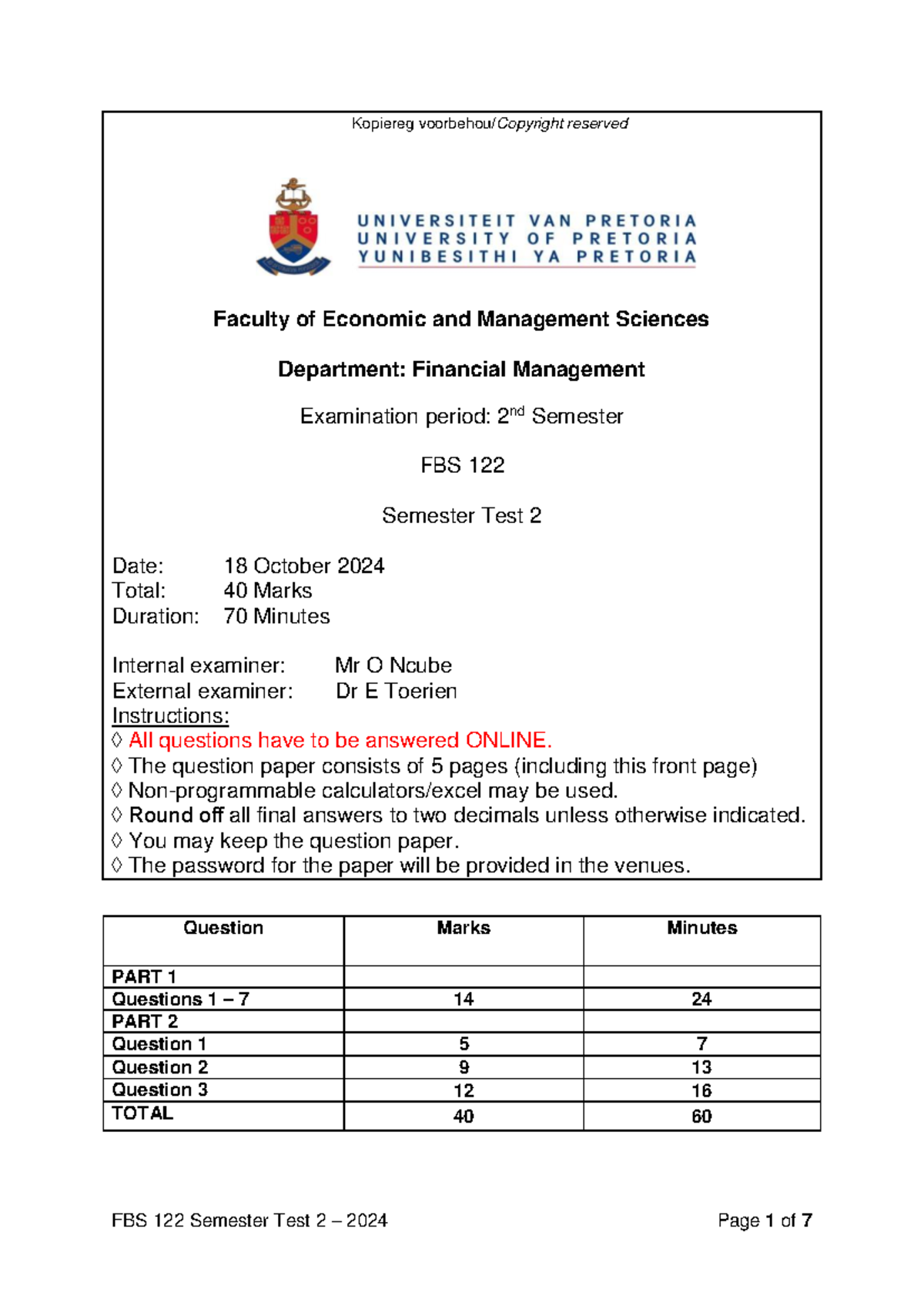 FBS 122 Semester Test 2 2024 Solutions and Guidelines - Studocu