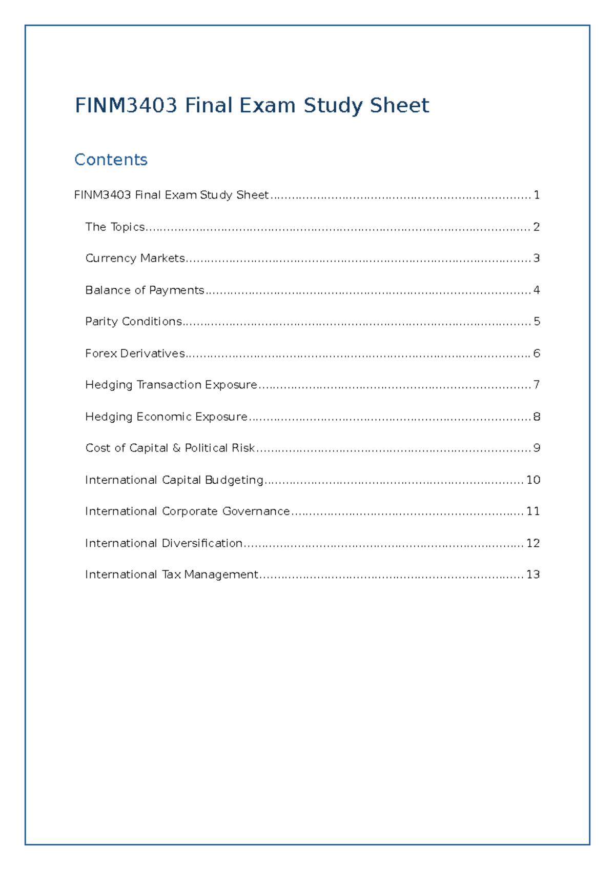 FINM3403 Final Exam Study Sheet: Key Topics & Strategies Overview - Studocu