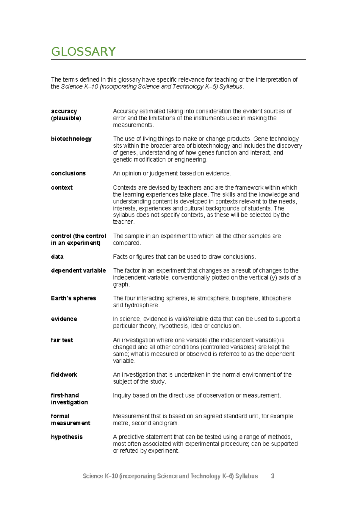 BOS Science K-10 Glossary of Key Terms and Definitions - Studocu