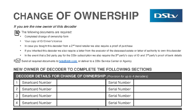 Change of Ownership Form for DStv Decoder - 2020 - Studocu