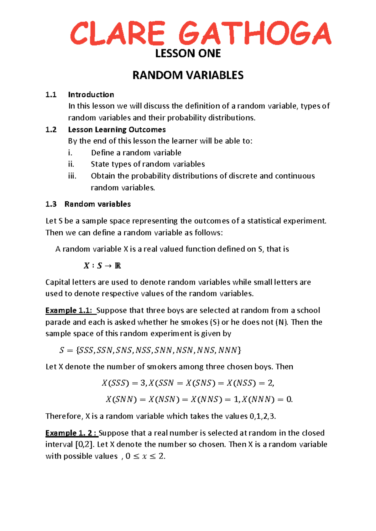 SST 204 Lesson on Random Variables and Their Distributions - Studocu