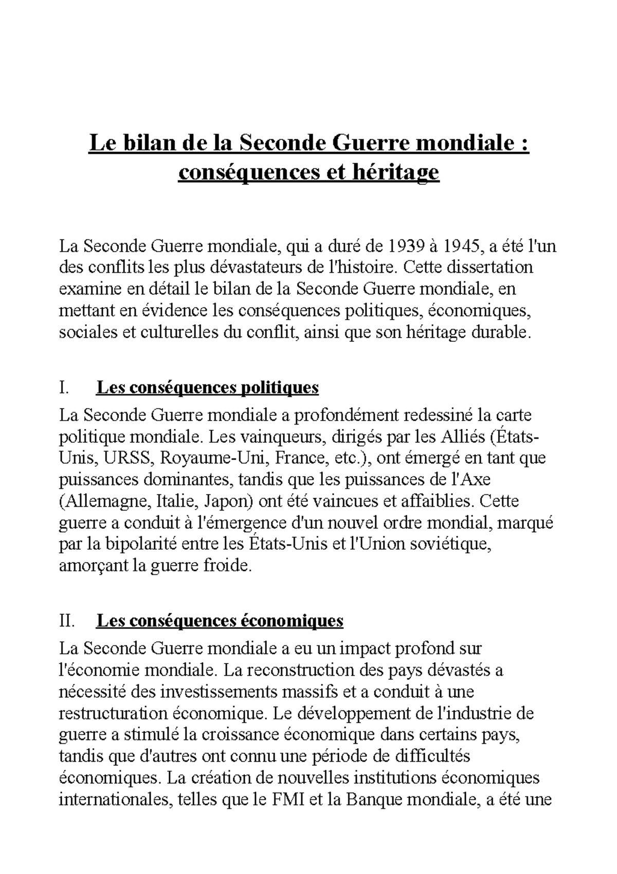 Le bilan de la Seconde Guerre mondiale : Conséquences et héritage - Studocu