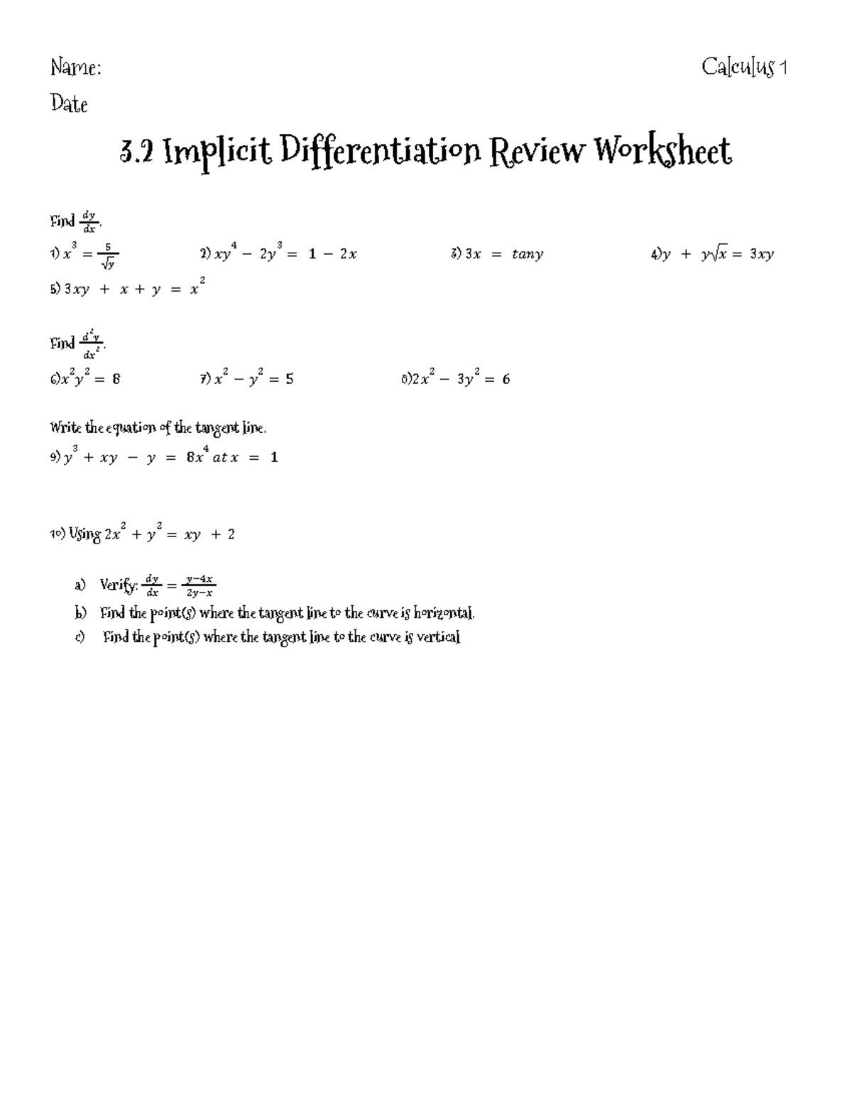 Date Calculus 1: 3.2 Implicit Differentiation Review Worksheet - Studocu