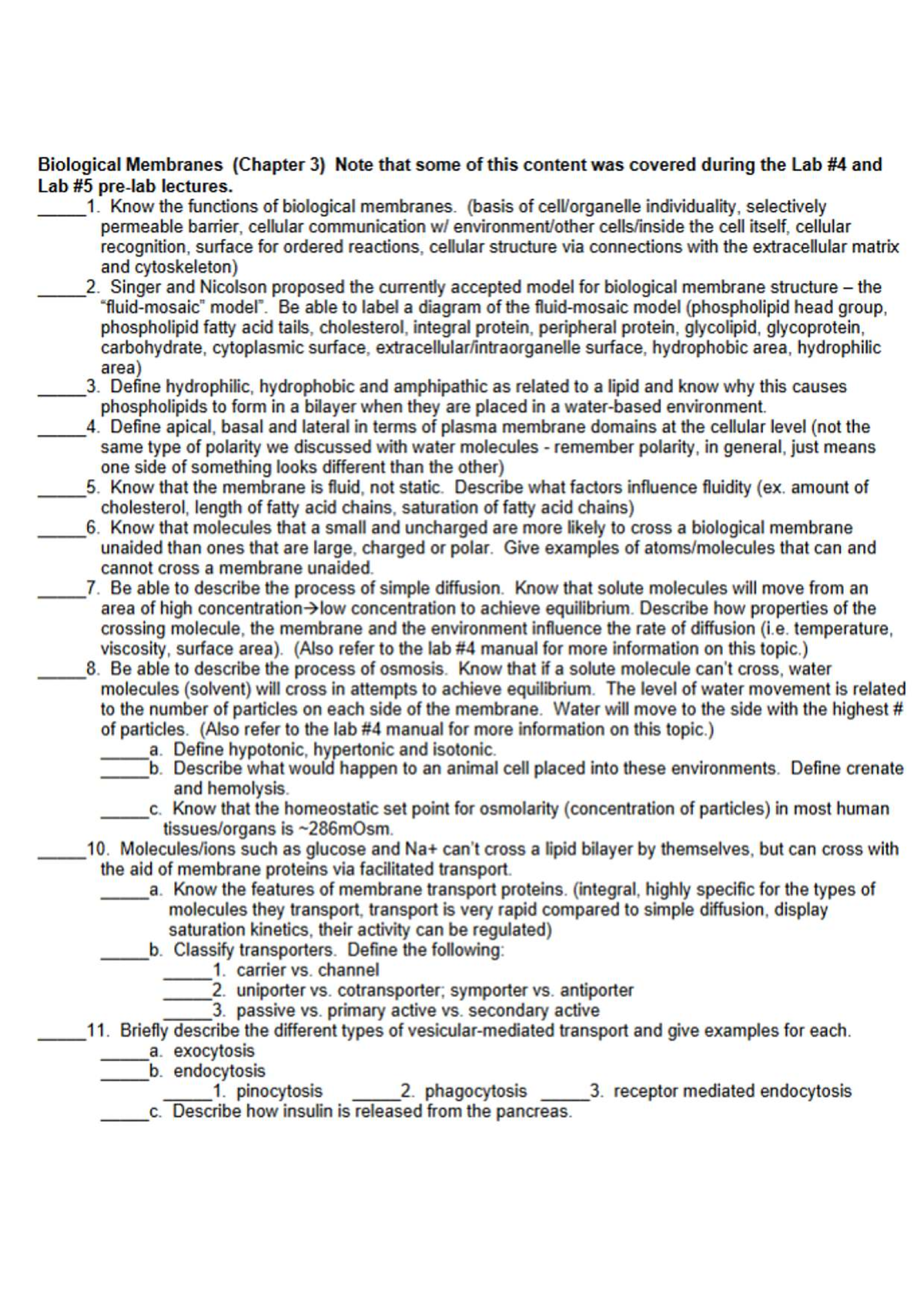 Biological Membranes Overview (Chapter 3) - Final Exam Prep 101 - Studocu