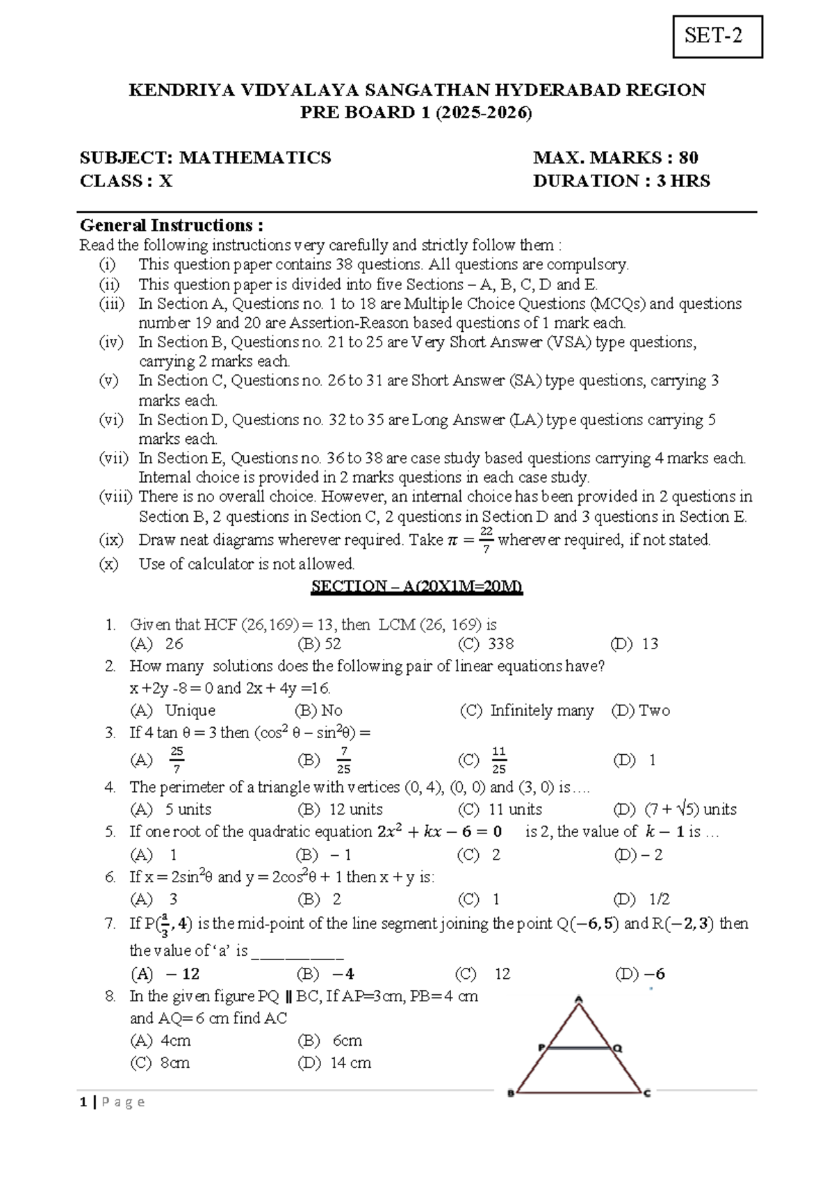 QP Maths PB-1 X SET-2 - Pre Board 1 Mathematics Exam Paper - Studocu