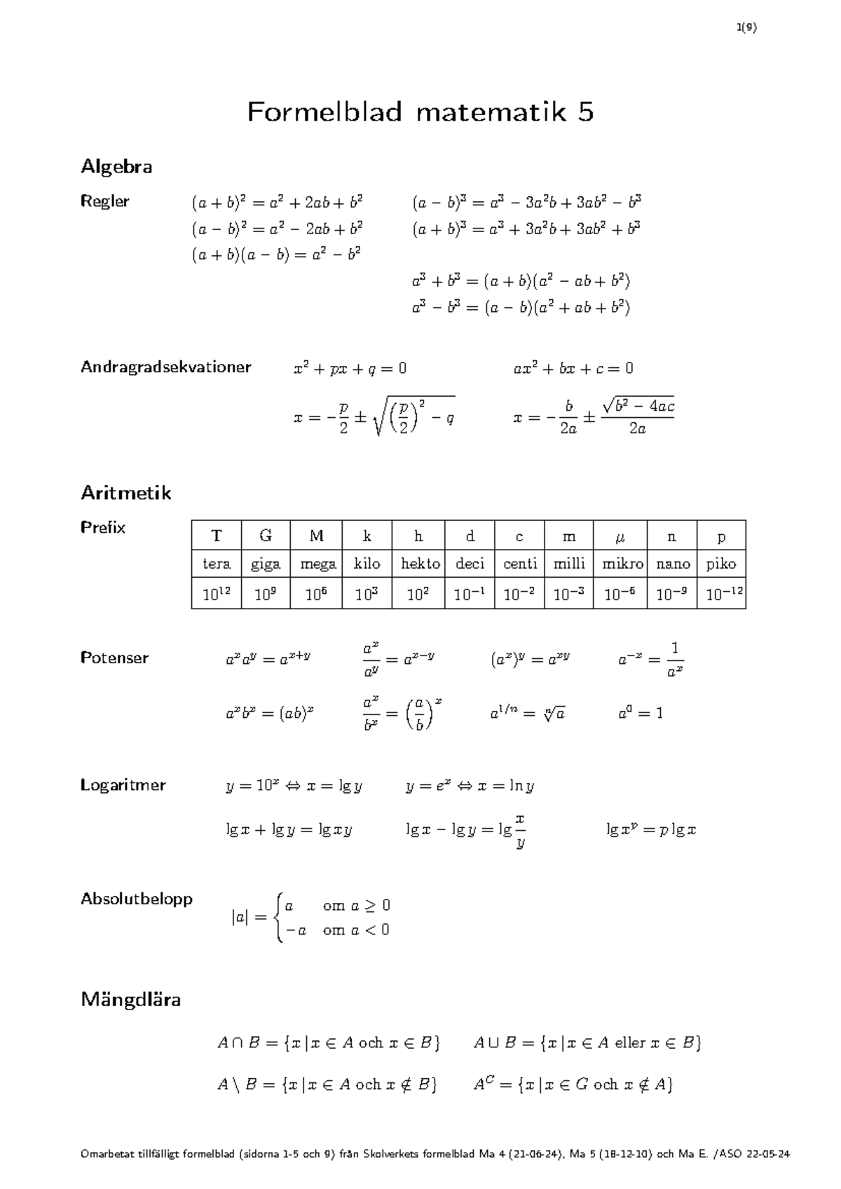 Matte 5 Formelblad: Algebra, Trigonometri och Differentialekvationer ...