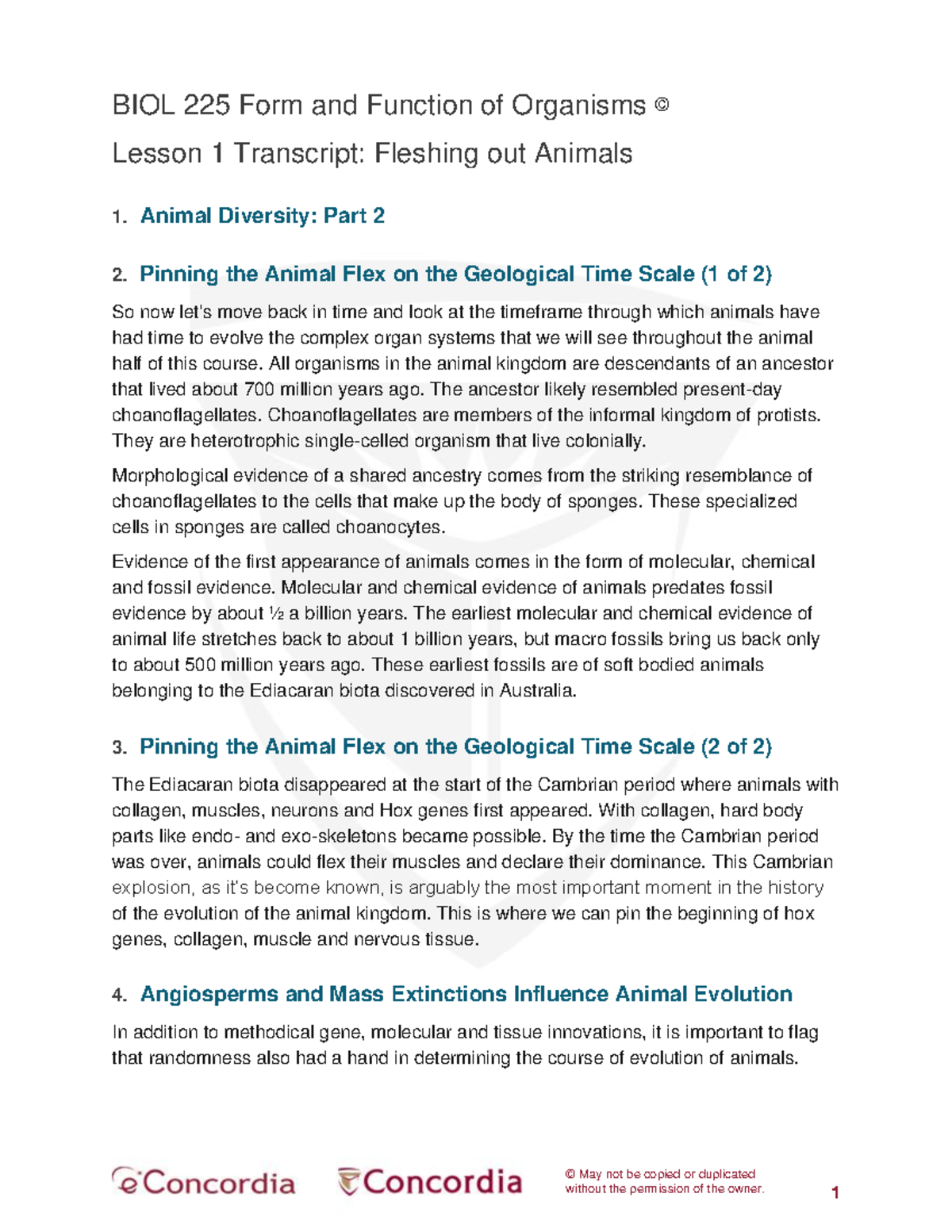 BIOL225 L1 Animal Diversity Part 2 Transcript - © May not be copied or ...