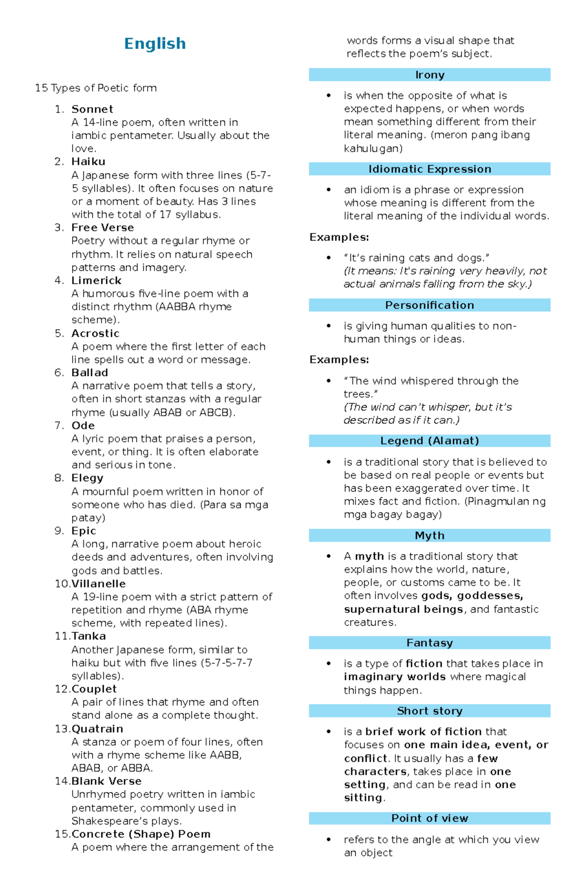 English - Lecture on 15 Types of Poetic Forms and Literary Devices ...
