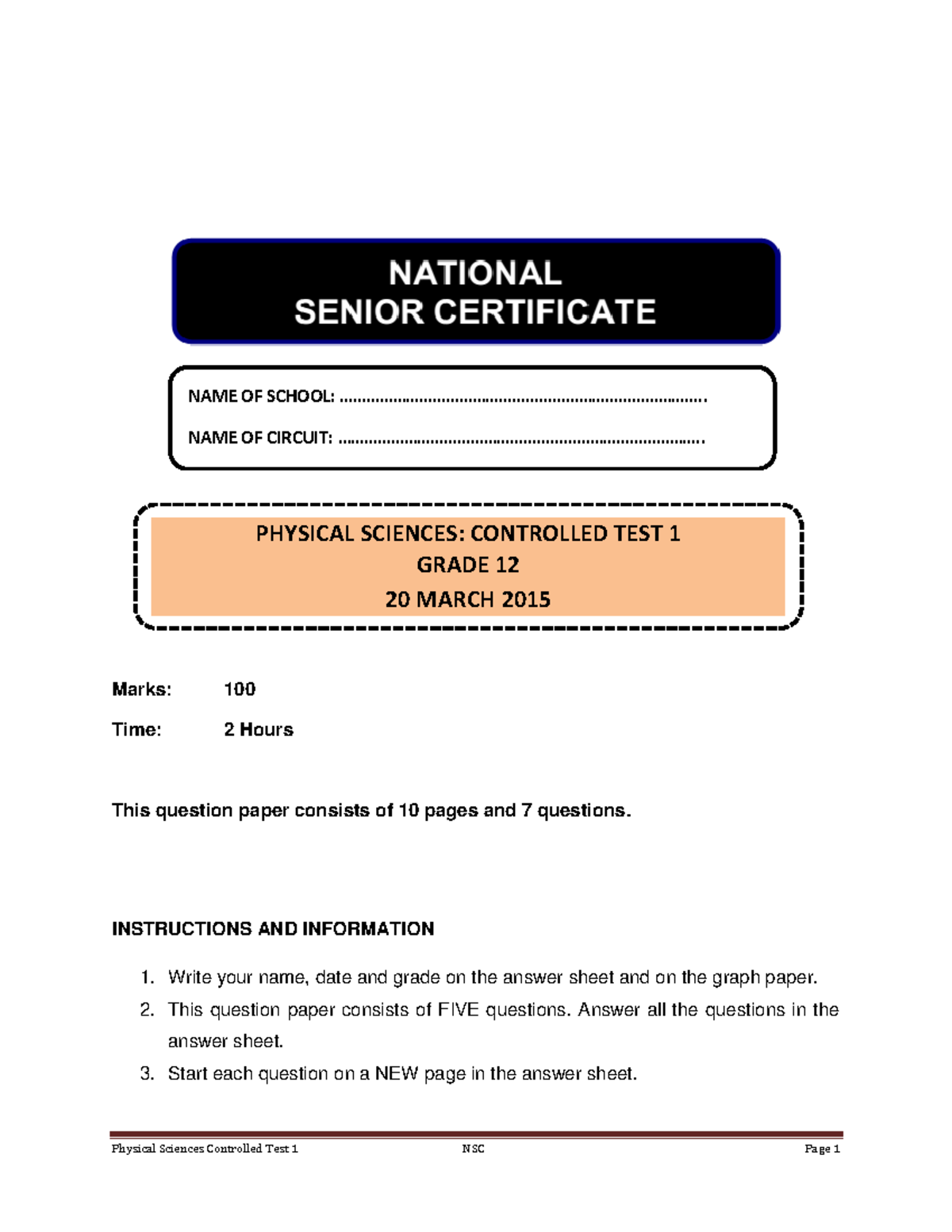 Grade 12 Physical Sciences: Controlled Test 1 - March 2015 - Studocu