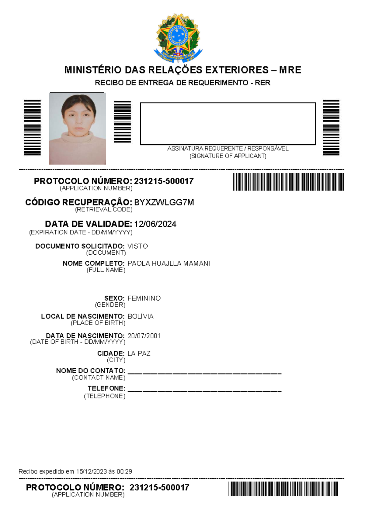 Formulario - MINISTÉRIO DAS RELAÇÕES EXTERIORES – MRE RECIBO DE ENTREGA ...
