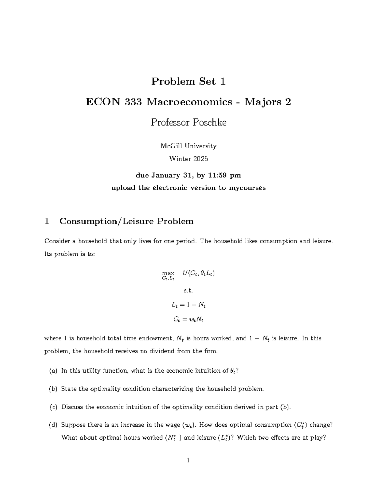 econ 333 homework 1 - Problem Set 1 ECON 333 Macroeconomics - Majors 2 ...