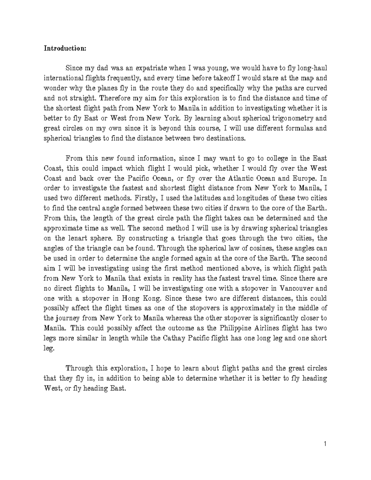 Math IA - Exploring the Optimal Flight Path from NYC to Manila - Studocu