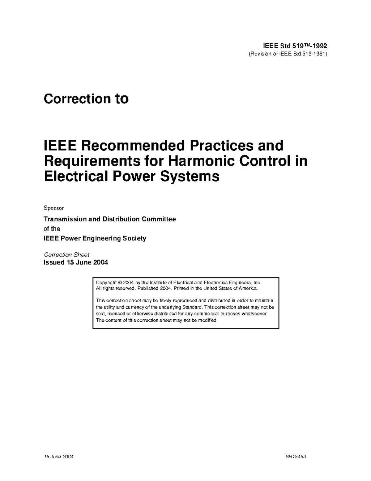 IEEE Std 519-1992 Correction Sheet for Harmonic Control Practices - Studocu