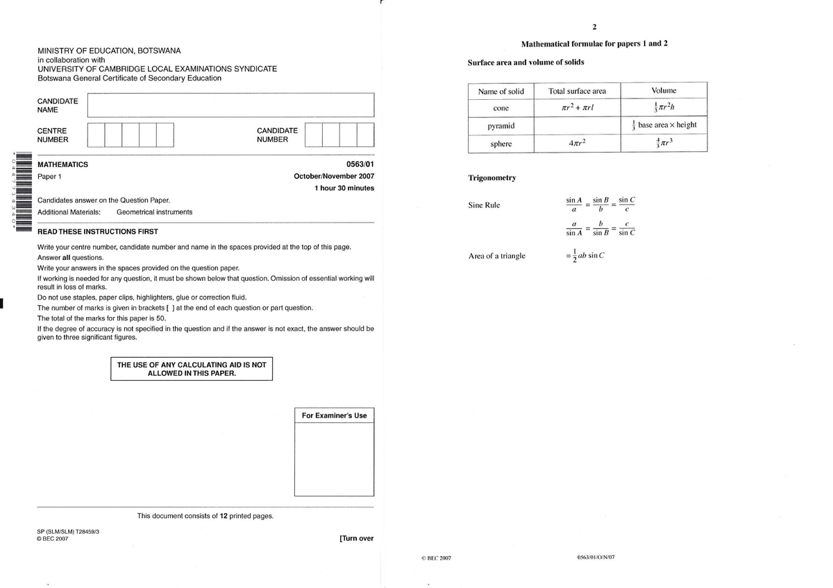 Bgcse Mathematics Paper 1 2007: Surface Area & Volume Concepts - Studocu