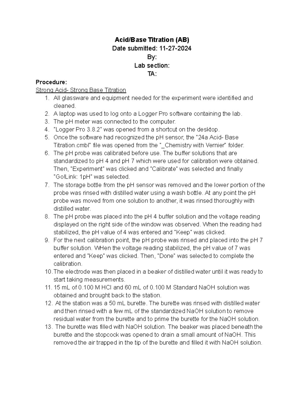 AB post-lab, TA, Section 11-27-2024 - Acid/Base Titration (AB) Date ...