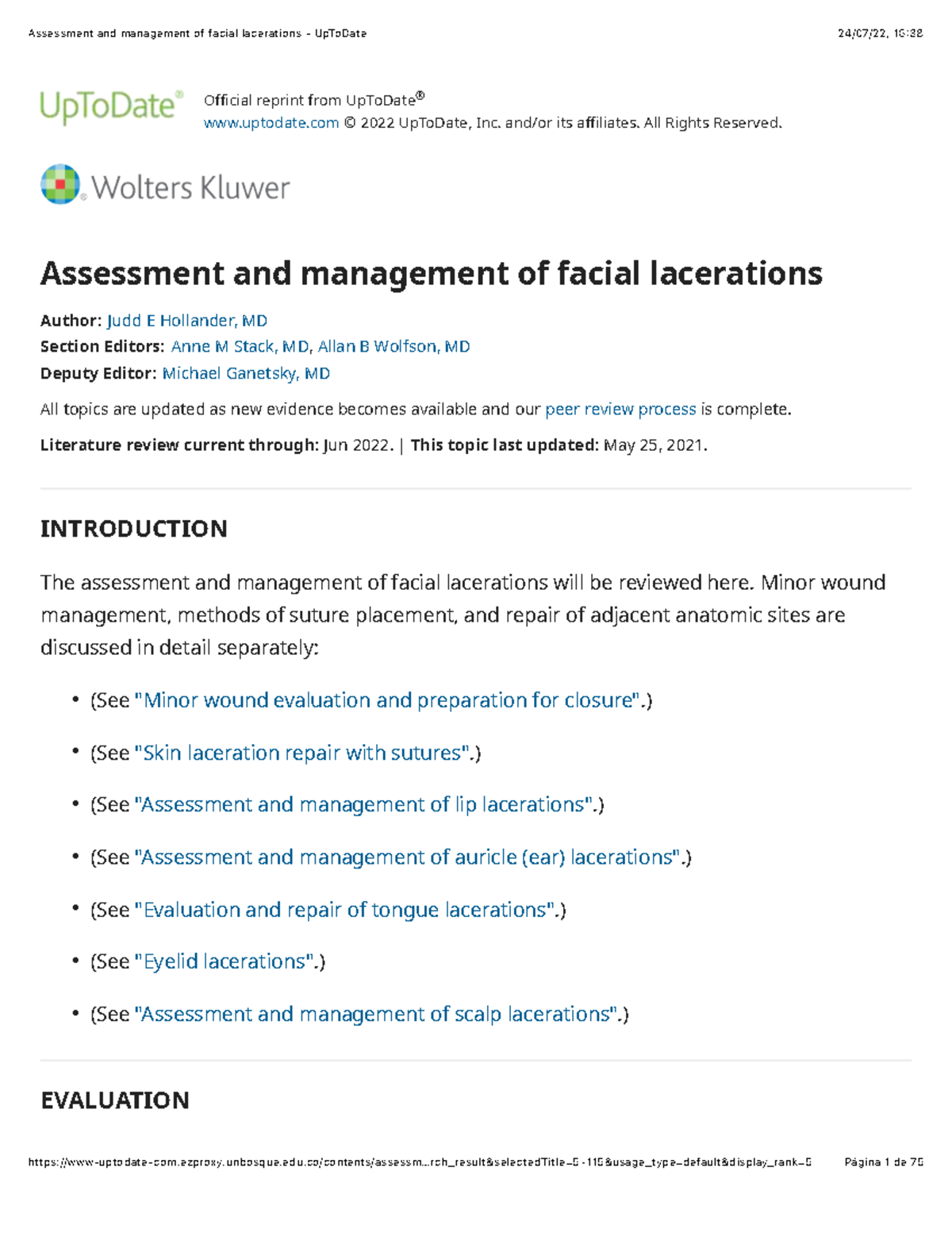 Assessment and Management of Facial Lacerations: UpToDate 2022 - Studocu