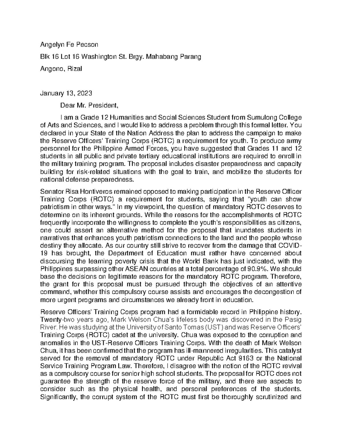 12 HU2A - Open Letter to President on Mandatory ROTC Proposal - Studocu