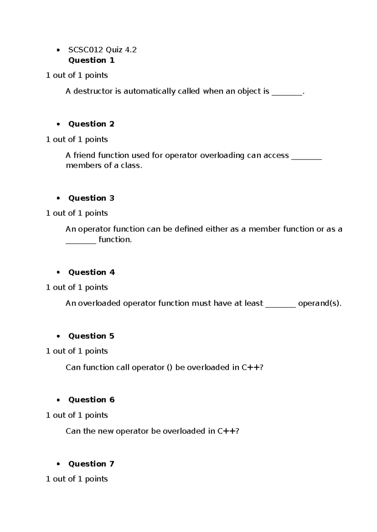 SCSC012 Quiz 4: Operator Overloading Concepts and Questions - Studocu