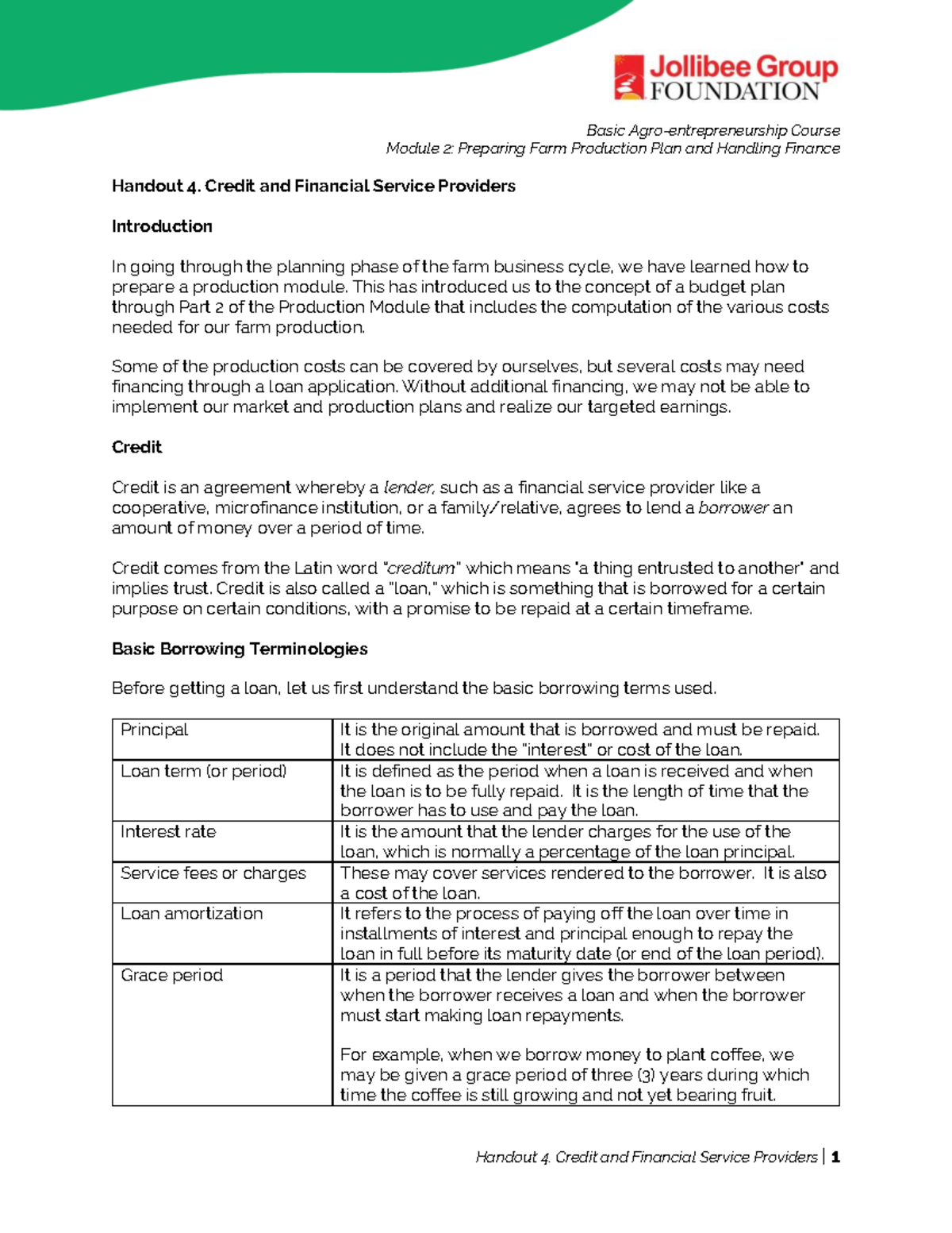 Basic Course Module 2: Farm Production Planning & Finance Handout 4 ...