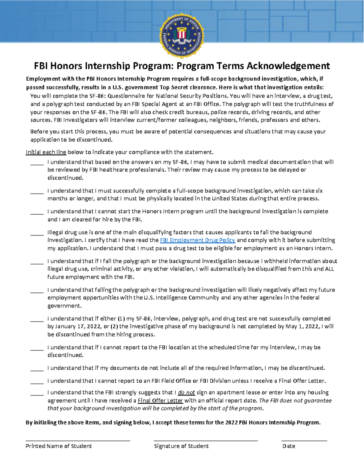 FBI Honors Internship Program: Terms Acknowledgement Form 2022 - Studocu