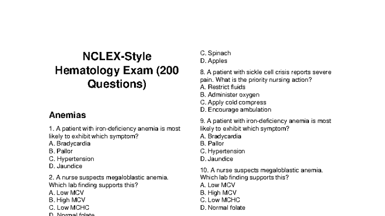 Hematology HEMA 200 Questions Practice Test on Anemias - Studocu