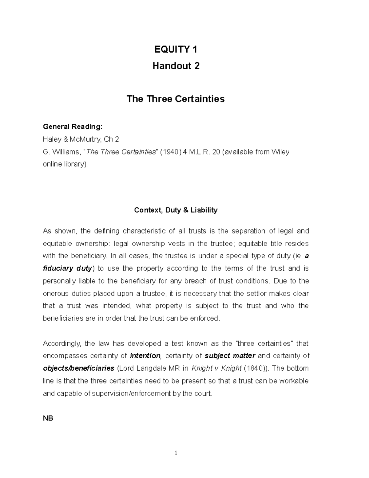 Lecture Handout: The Three Certainties in Trust Law (EQUITY 1) - Studocu