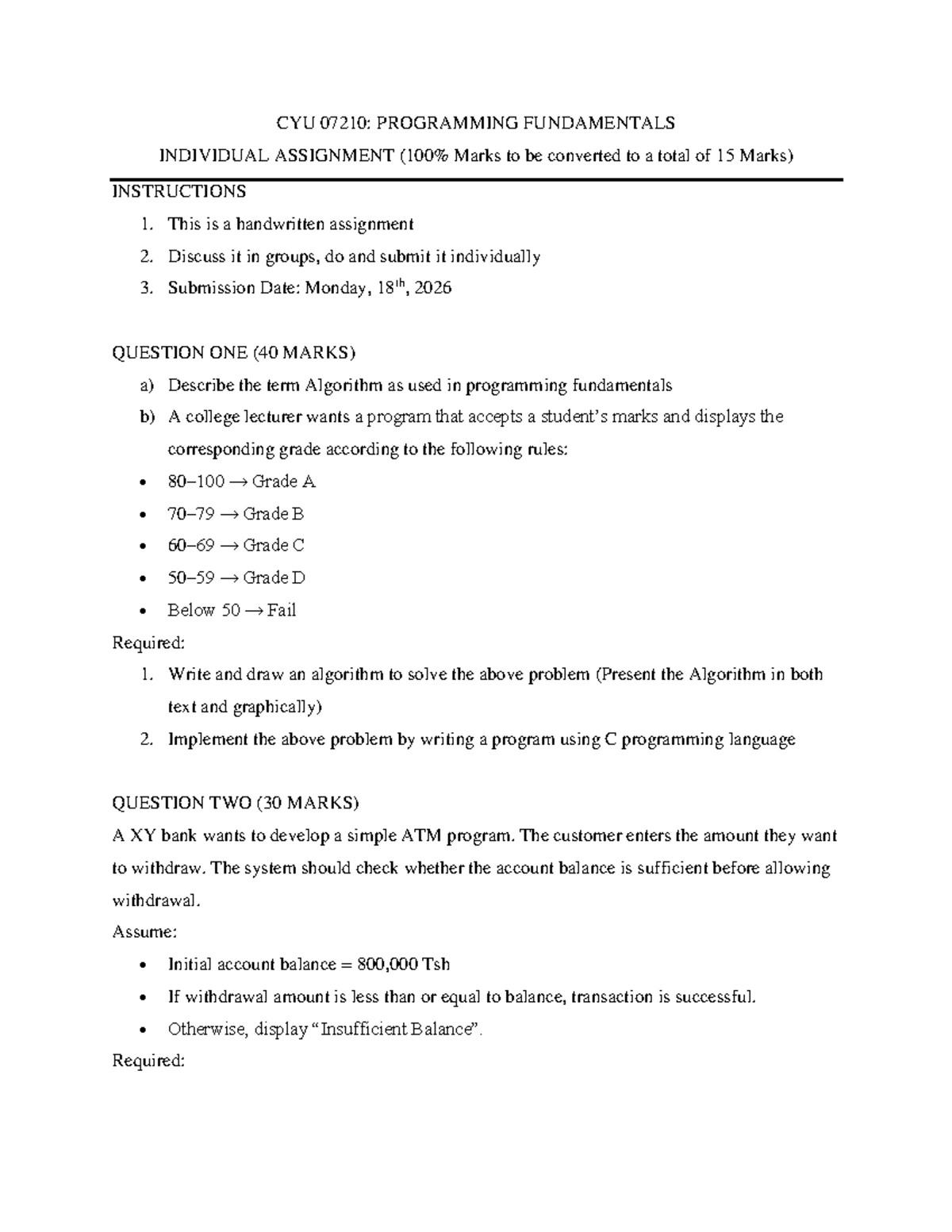 CYU 07210: Programming Fundamentals Individual Assignment - Studocu