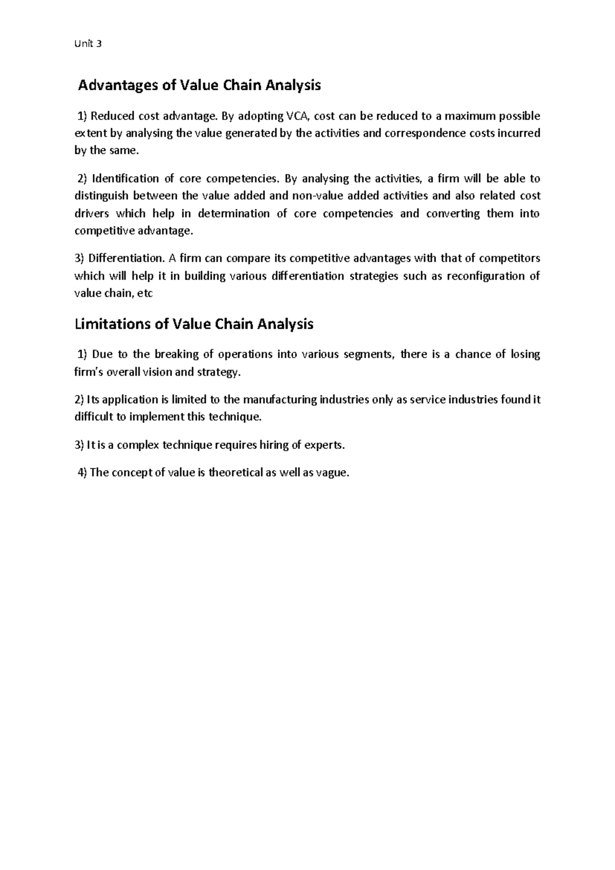VCA Analysis: Key Advantages & Limitations - Unit 3 Overview - Studocu