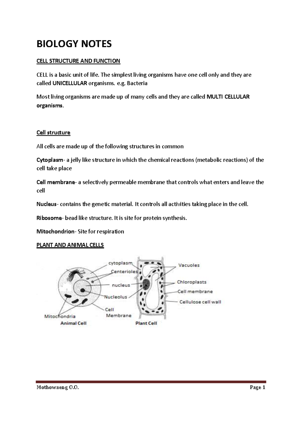 BIO 101: Cell Structure and Function Notes for Study - Studocu