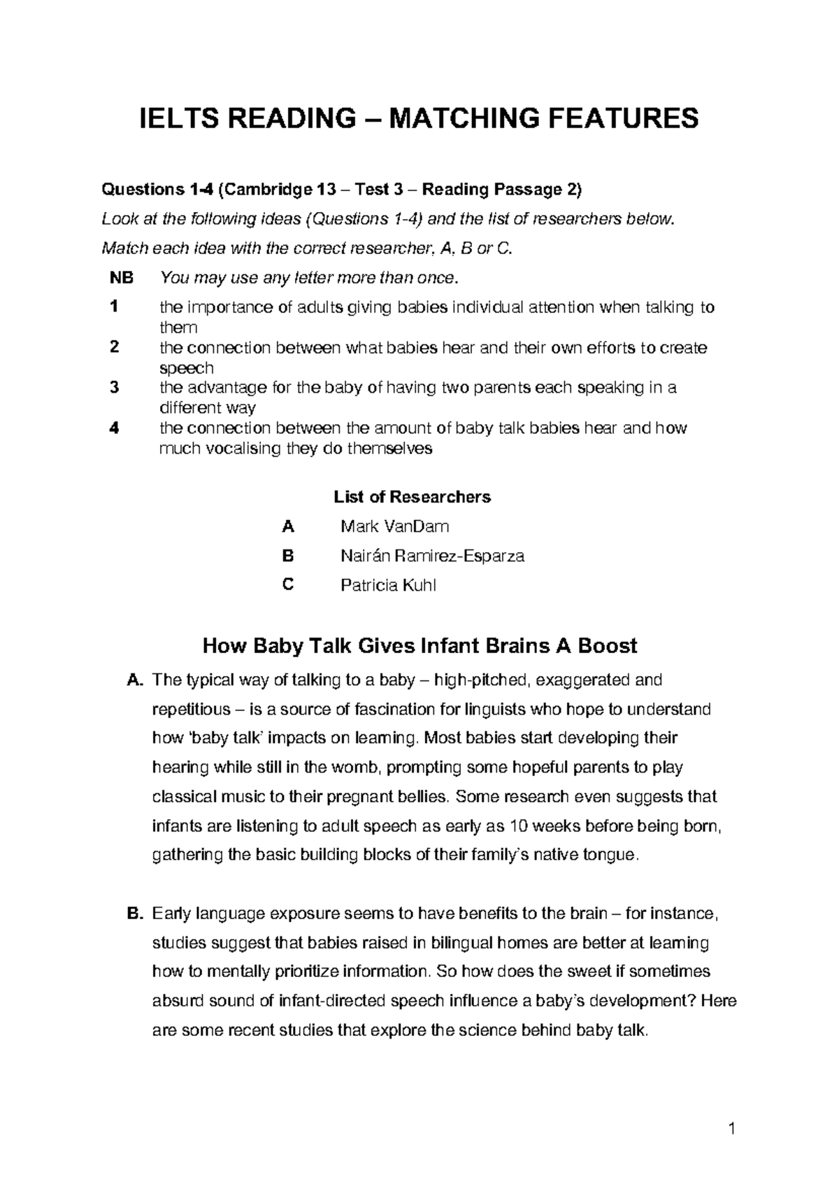 2. Handout - Matching Features - Ielts Reading - 1 IELTS READING ...