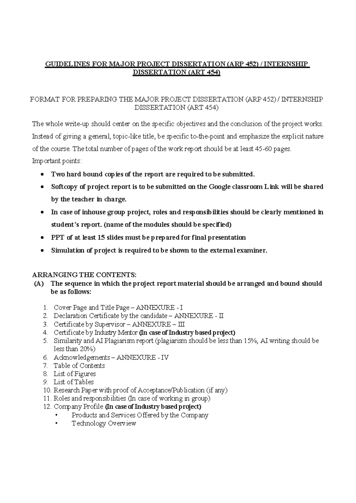 Guidelines for Major Project Dissertation (ARP 452 & ART 454) - Studocu