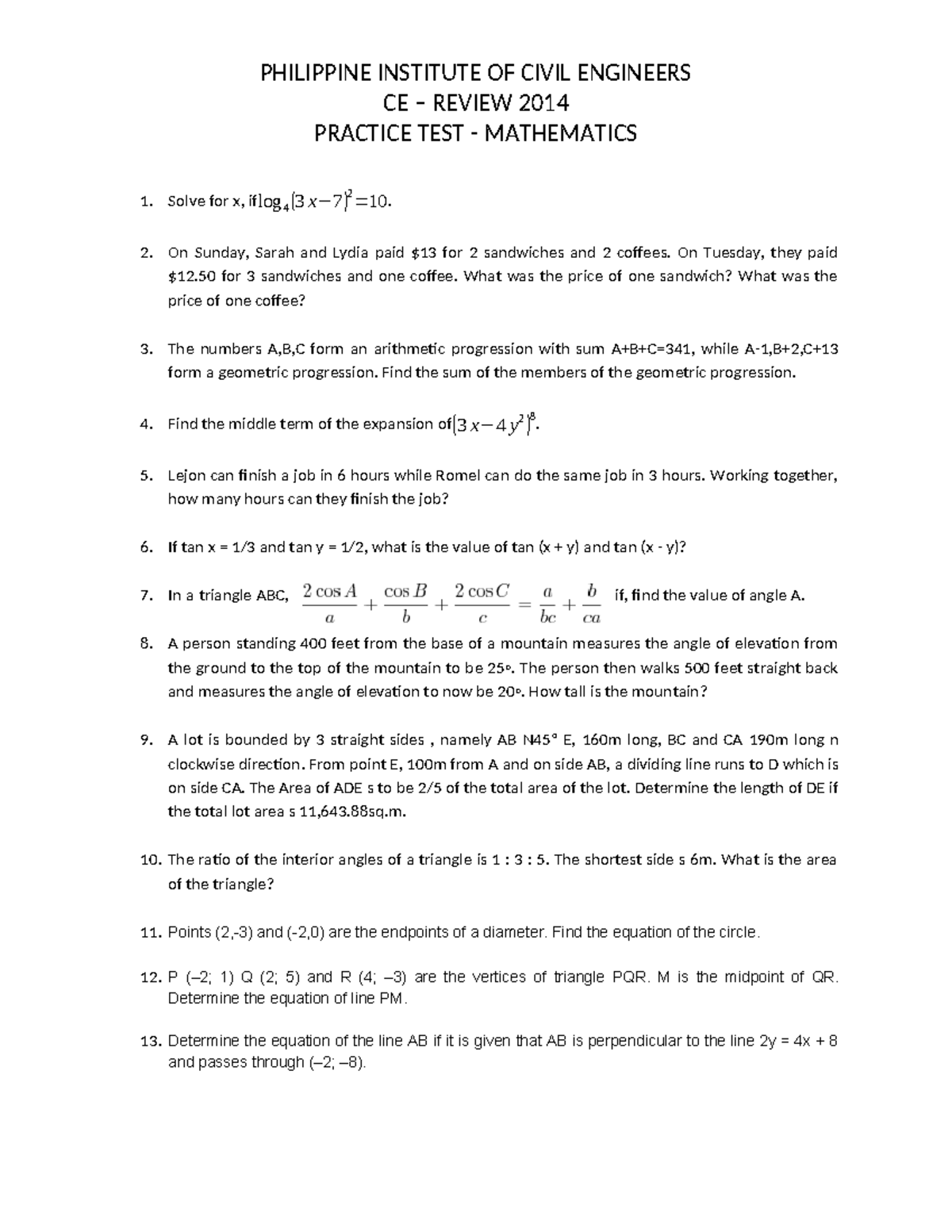 CE 2014 Review Practice Test: Mathematics Solutions and Problems - Studocu