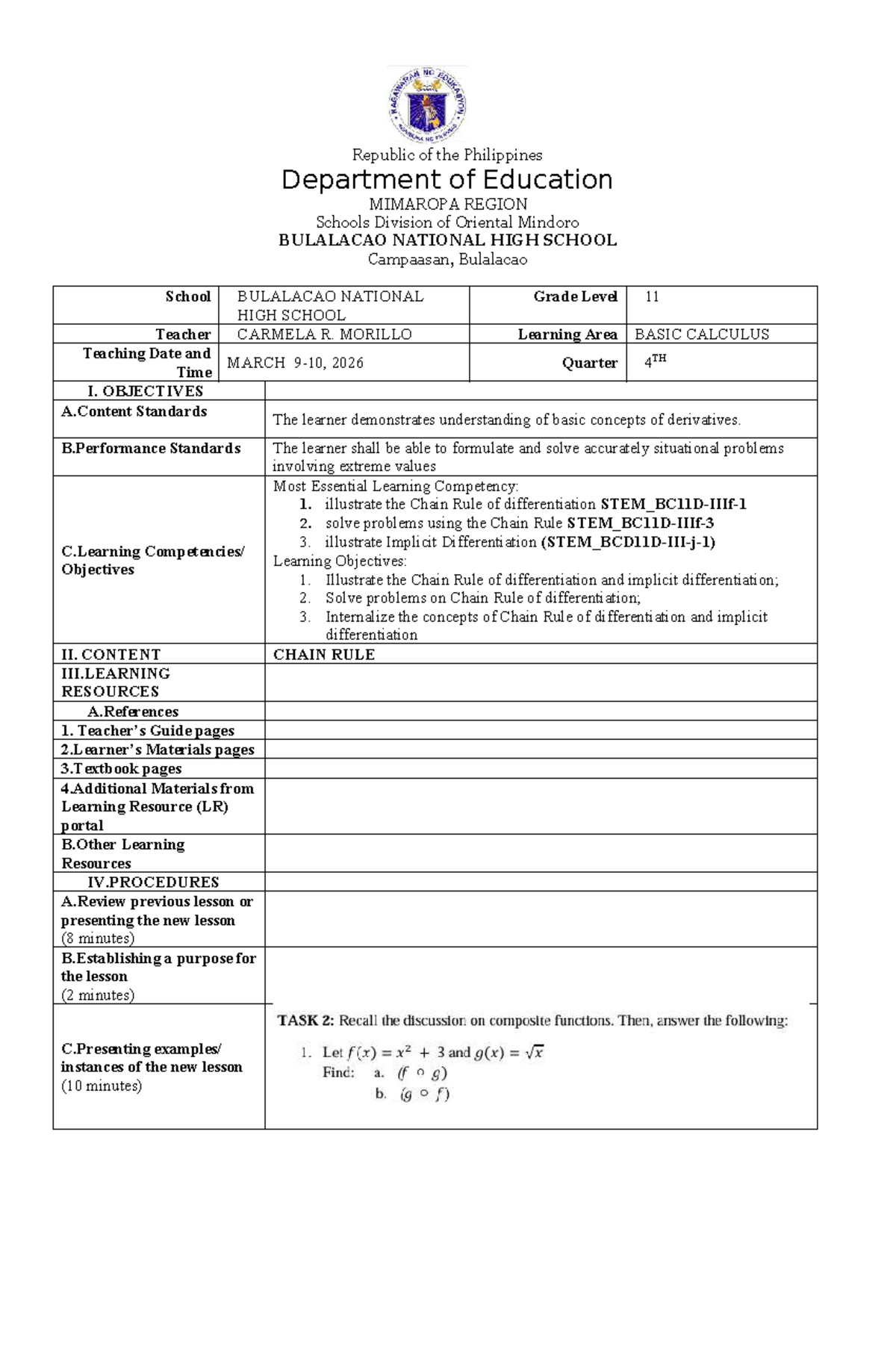 BASIC CALCULUS Lesson Plan: Chain Rule & Implicit Differentiation ...