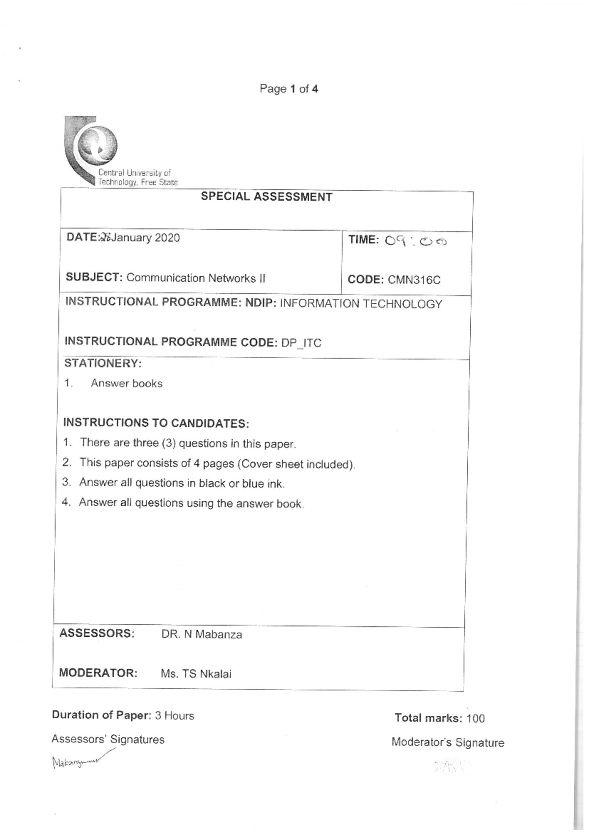 CMN316C SPE S1 2020 - Past Exam Paper - Page 1 of 4 Central University ...