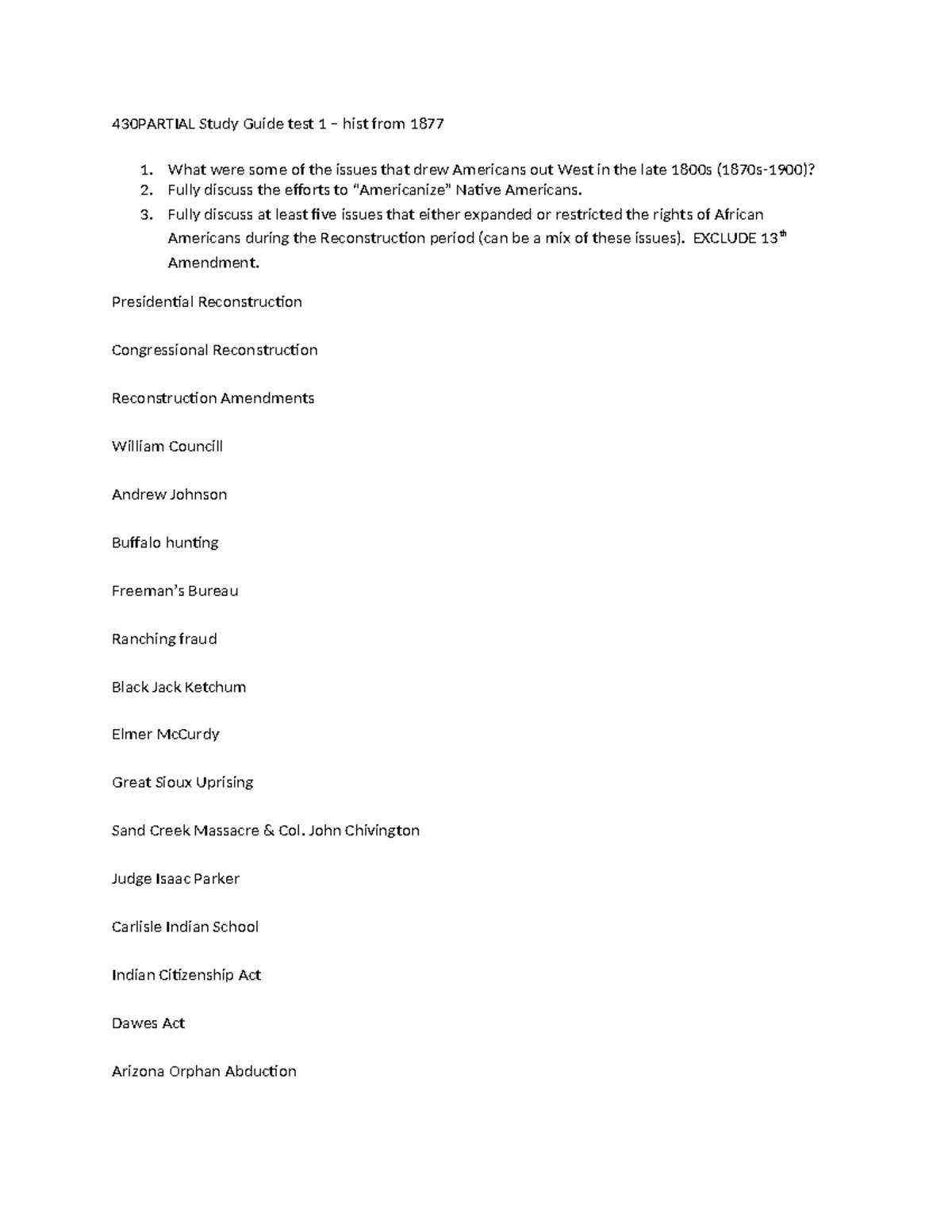 American History Study Guide: Test 1 (1877-1900) - 430PARTIAL Study ...