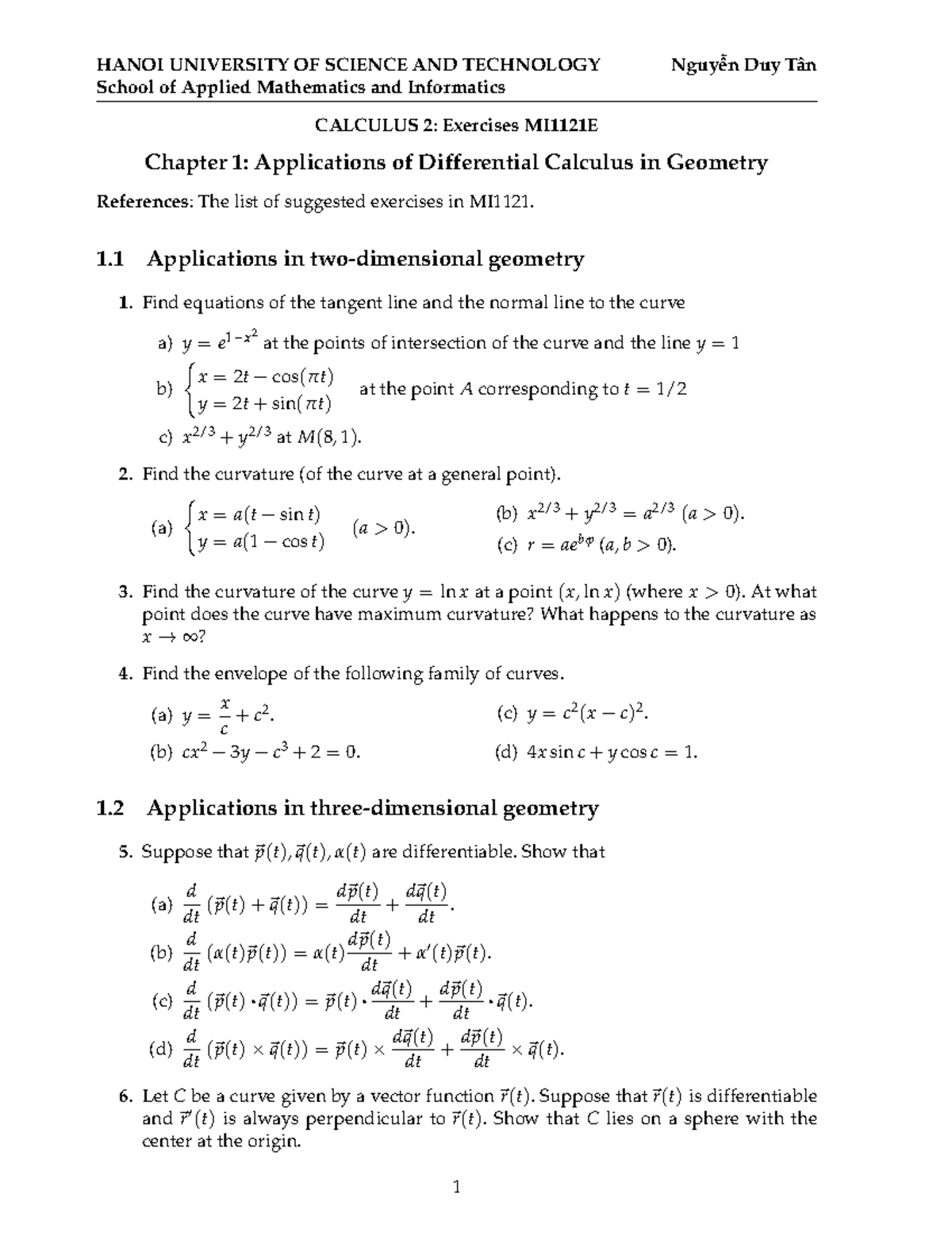 MI1121E - Final Exam Exercises for Calculus 2 in English - Studocu