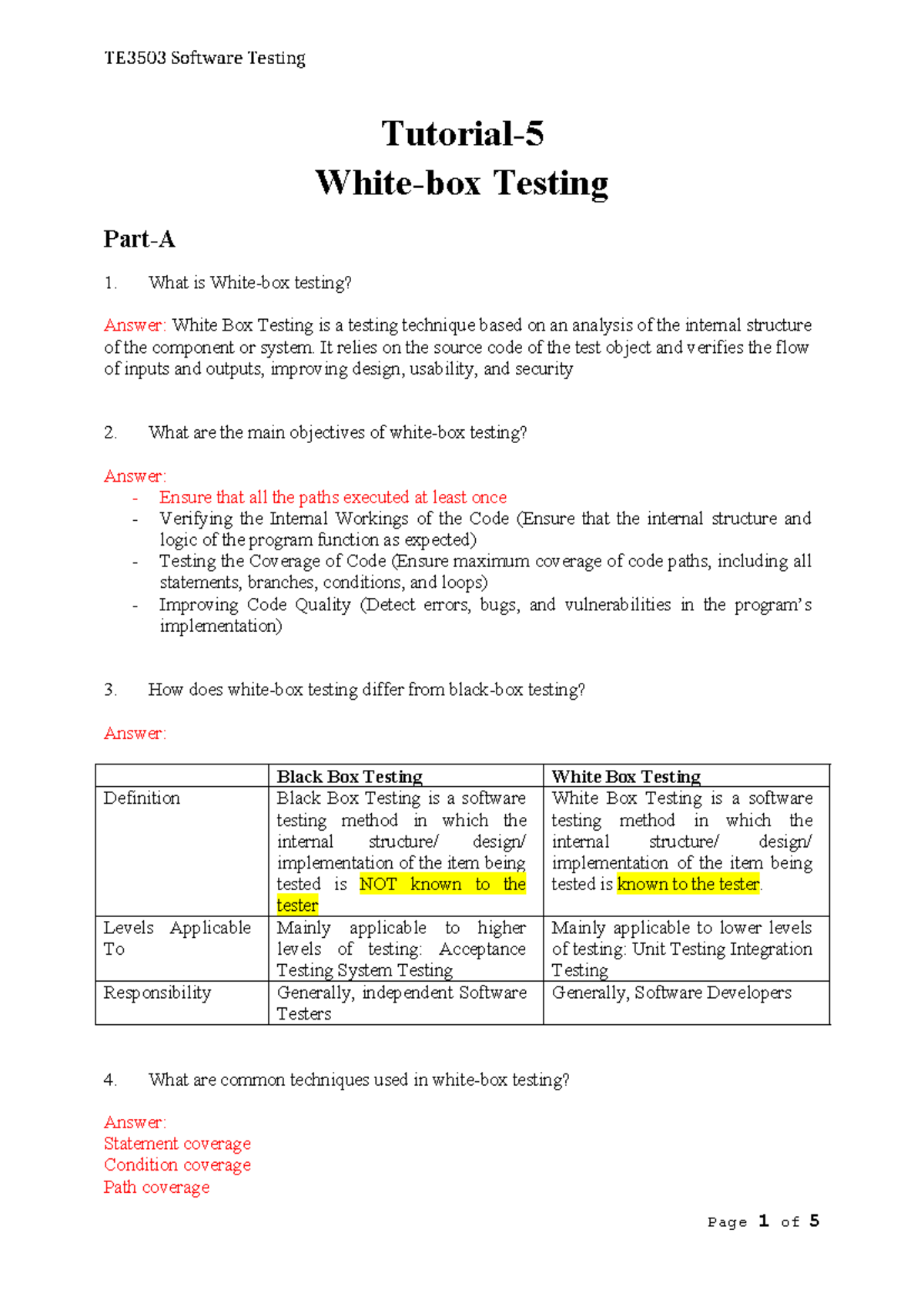 TE3503 Tutorial-5: In-Depth Guide to White-Box Testing Techniques - Studocu