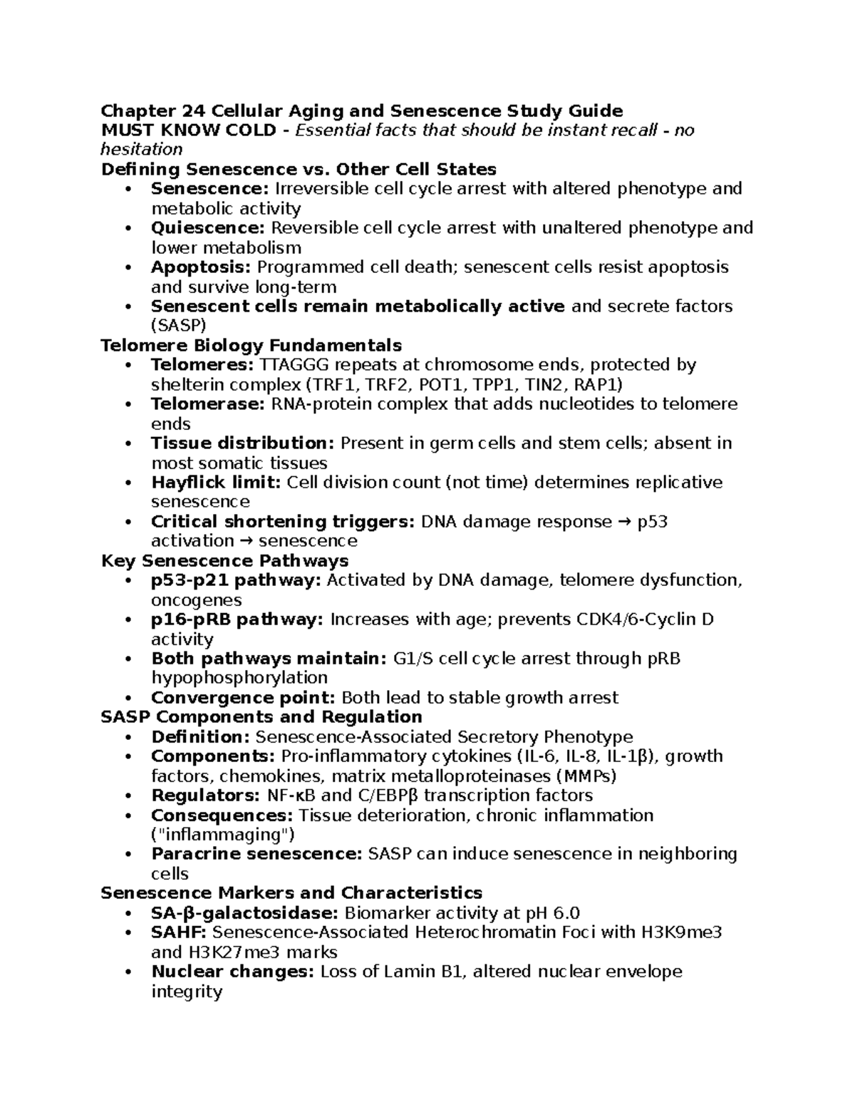 BIO 300 Chapter 24: Cellular Aging & Senescence Study Guide - Studocu