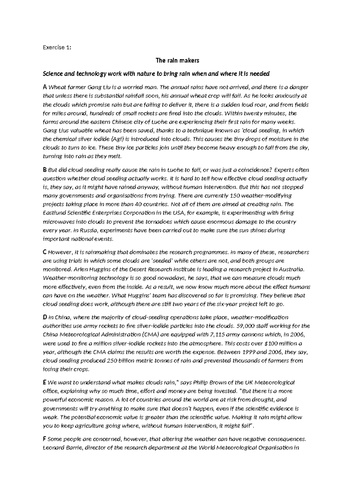 B13 Reading Exercise: Cloud Seeding & Organic Food Insights - Document Preview