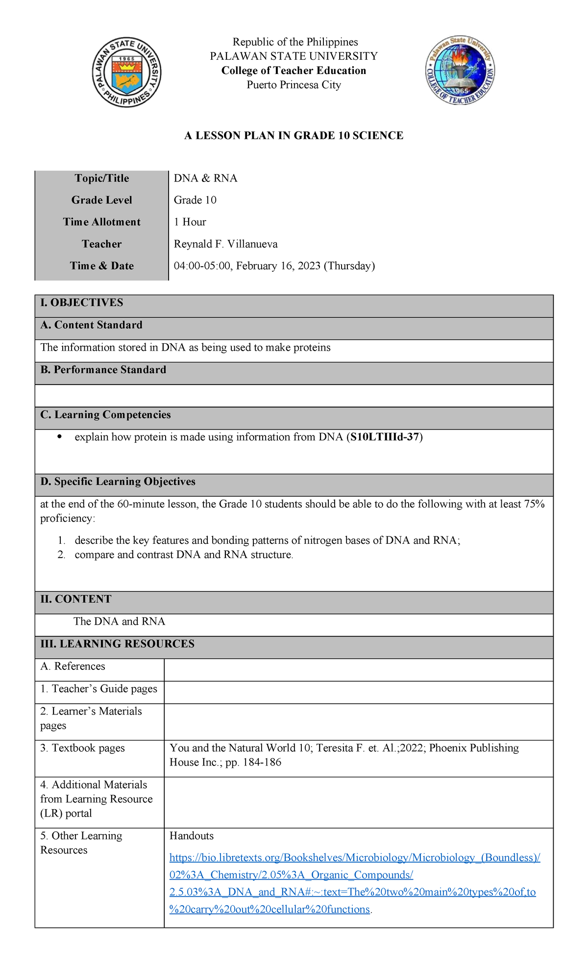 Grade 10 Science Lesson Plan on DNA & RNA - Final Exam (2024) - Studocu