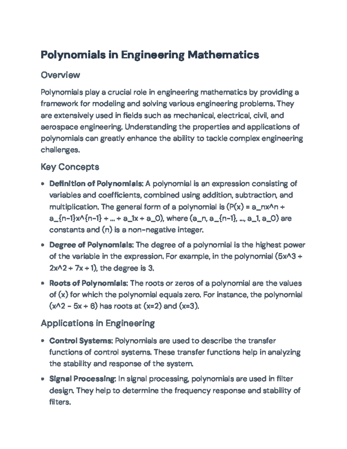 Polynomials in Engineering Mathematics: Applications and Concepts ...