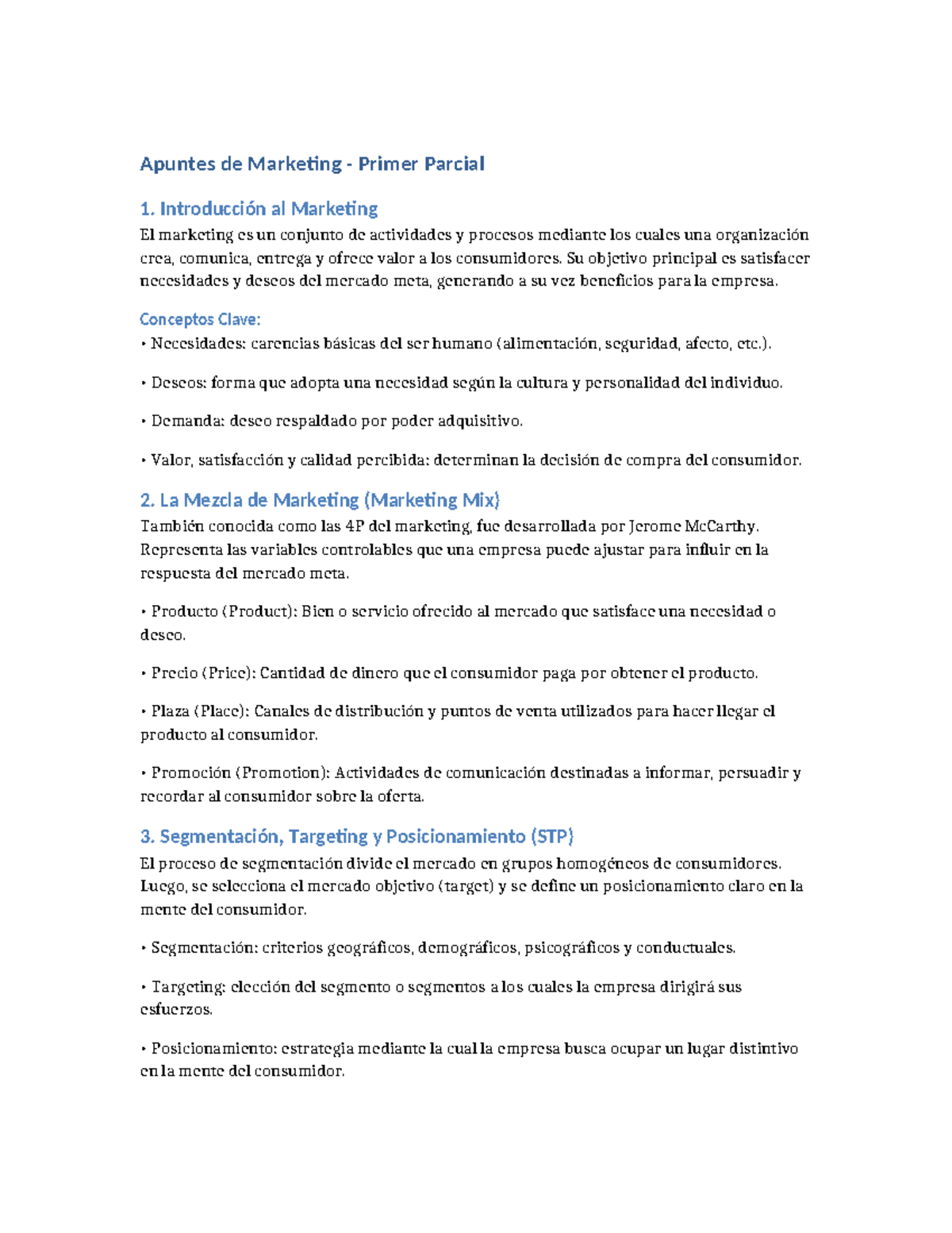 Apuntes de Marketing - Primer Parcial (Introducción y Mezcla) - Studocu
