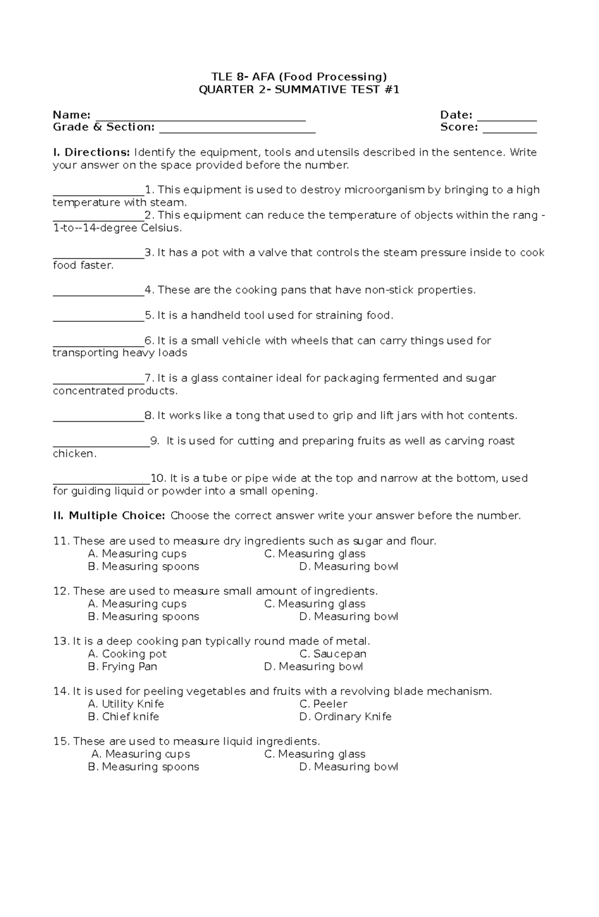 TLE 8 - Quarter 2 Summative Test on Food Processing Equipment - Studocu