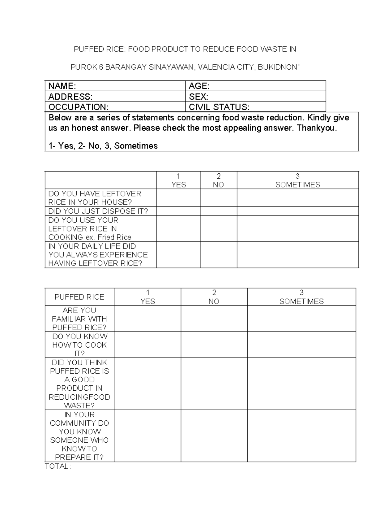 Survey Form on Puffed Rice for Food Waste Reduction in Purok 6 ...
